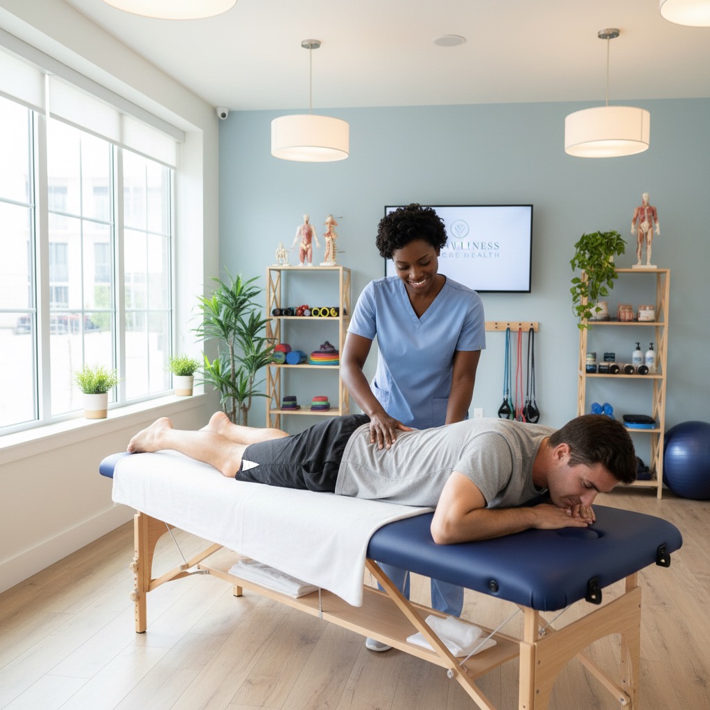 A smiling physical therapist in blue scrubs performs a massage on a man lying face down on a treatment table in a bright clinic.